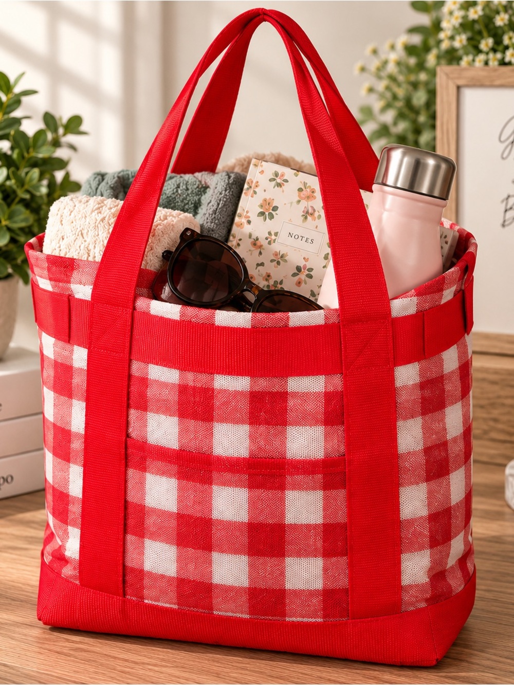 No Boundaries Red and White Gingham Mesh Tote 👜